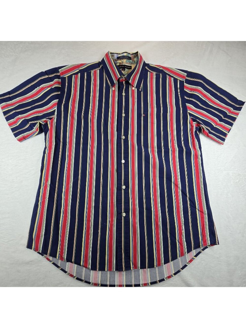 Vtg 90s Tommy Hilfiger Logo Button Down Size LG Bold Striped Hip Hop Grunge USA